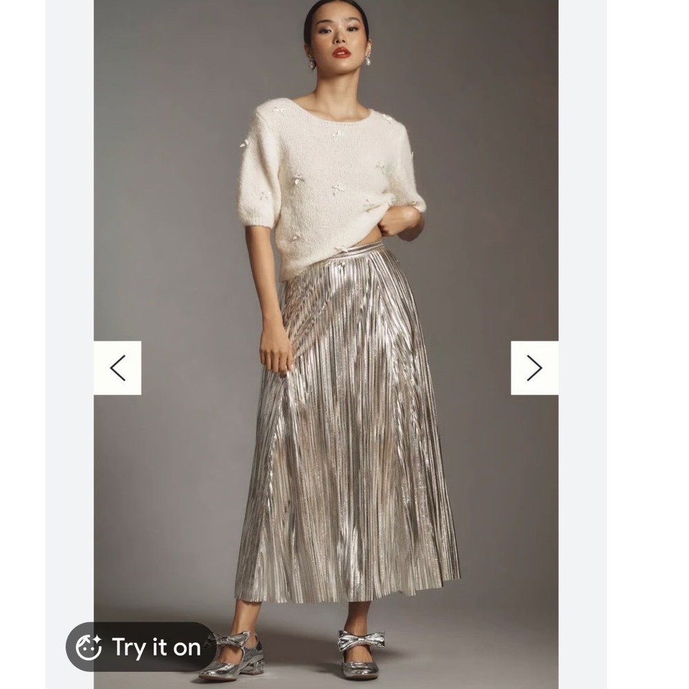 By Anthropologie Metallic Pleated Midi Skirt Silver XS OB2080543 Holiday Party - Picture 3 of 16